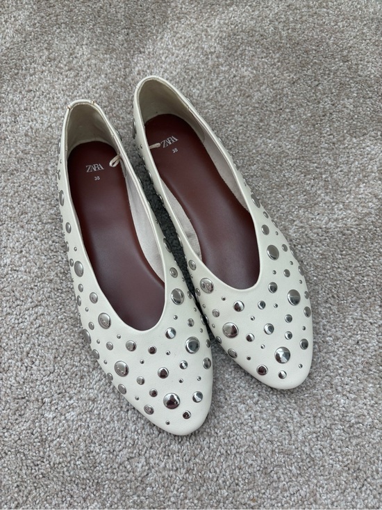 Zara Shoes - ZARA Leather Cream Studded Pointed Toe Ballet Flats NWOT EU38